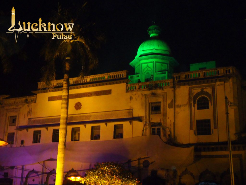 A picture of an illuminated night scene at the Chattar Manzil, Lucknow